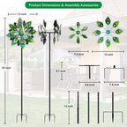 Outdoor Peacock Wind Spinners Featuring Glittering Gem Decor, 13.5" D x 65" H Double Layer Kinetic Wind Sculptures, 360° Rotatable Metal Garden Wind Spinners for Yard and Outdoor Decor Blue