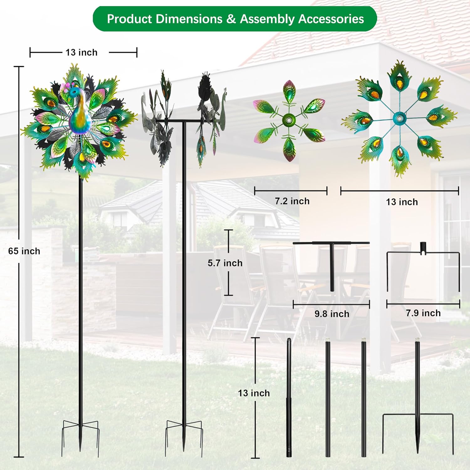 Outdoor Peacock Wind Spinners Featuring Glittering Gem Decor, 13.5" D x 65" H Double Layer Kinetic Wind Sculptures, 360° Rotatable Metal Garden Wind Spinners for Yard and Outdoor Decor Blue