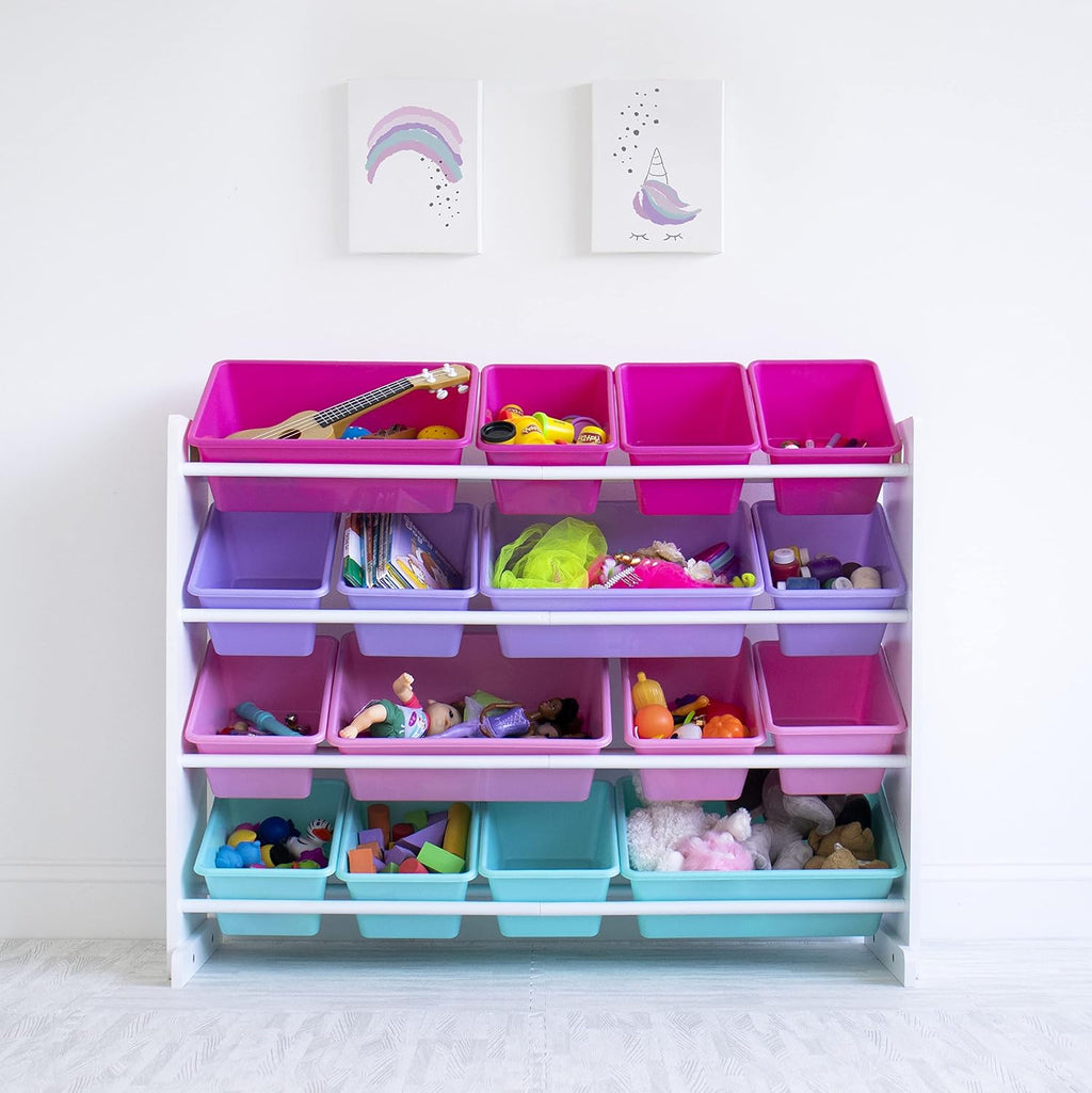 Humble Crew Tot Tutors Wood Table & 4 Chairs Set-White, Pink, Purple Forever Collection & White/Blue/Pink/Purple Extra-Large Toy Organizer, 16 Storage Bins