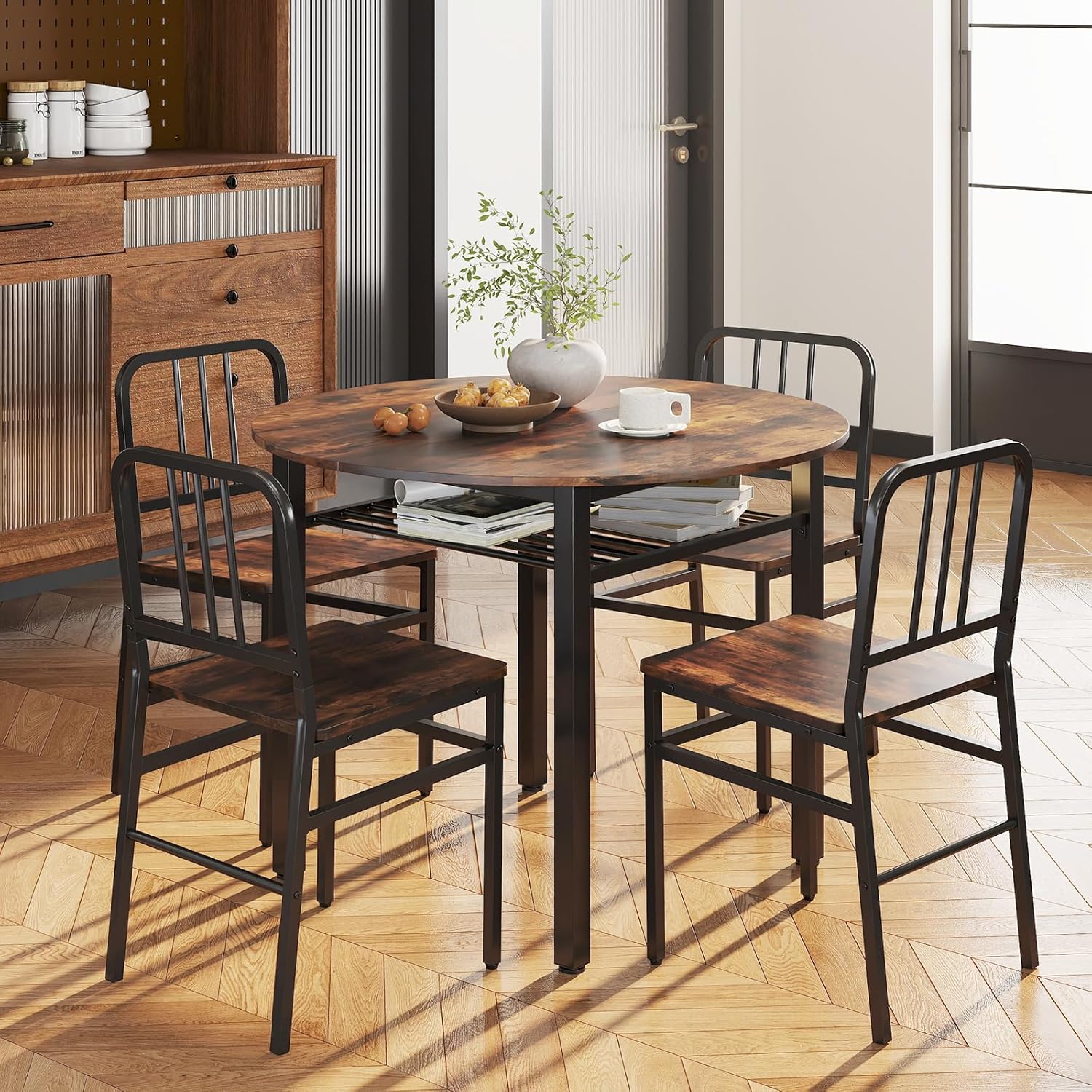 GOFLAME 5-Piece Round Dining Table Set for 4, Space-Saving Kitchen Table and Chairs Set with Storage Shelf, Industrial Wooden Dinette Set for Dining Room, Living Room, Breakfast Nook, Rustic Brown