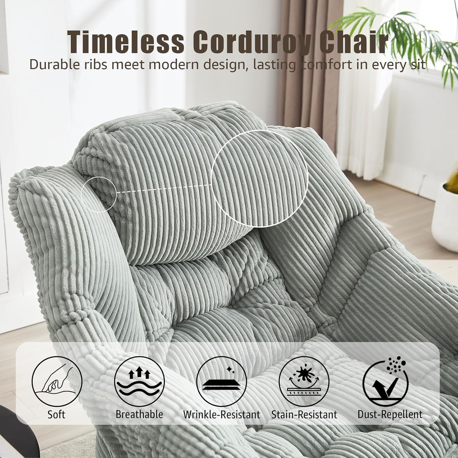 Oversized Lazy Chair with Ottoman for Adults, Chair and Ottoman Set Modern Skinny Lounge Chair with Footrest, Wide Reading Chair for Living Room/Bedroom, Comfy Accent Armchair for Small Spaces, Green
