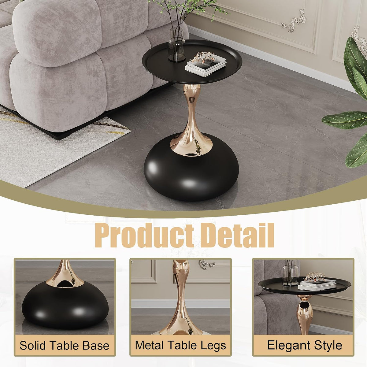 Round Side Table, Small Black End Table with Metal Pedestal, Modern Martini Table for Small Space Living Room, Bedroom, Easy Assembly 15" x 21.6" Drink Table