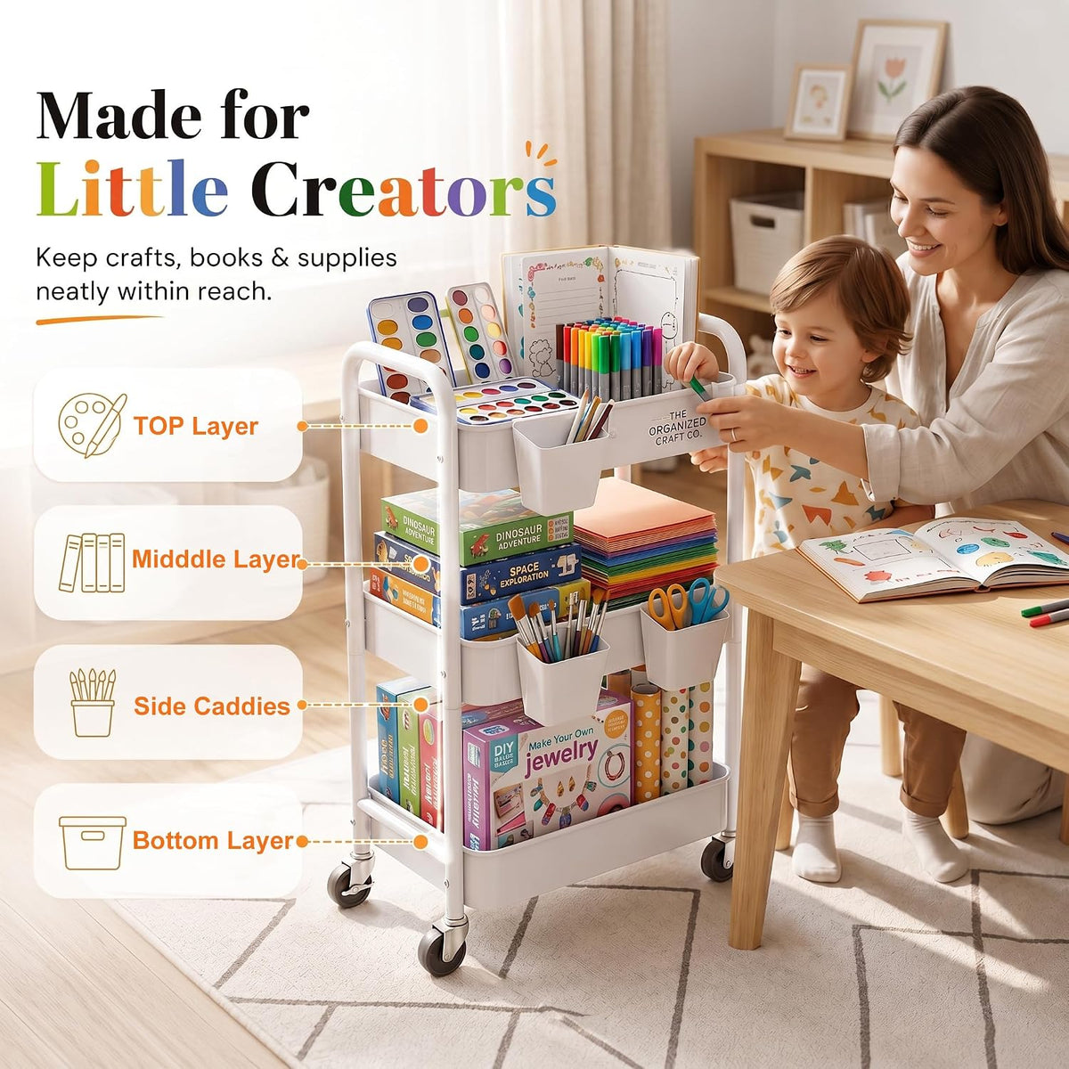 3 Tier Rolling Cart Metal with Wheels, White Three Tiered Storage Cart on Wheels, Utility Trolley Carts Organizer for Kitchen Storage, Pantry, Snack, Craft, Art, Lash, Makeup, Bathroom, Dorm Supply