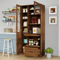 Walnut Kitchen Hutch Cabinet, Farmhouse Buffet Sideboard with Coffee Bar | Slide out tray, clear glass doors, open microwave counter, large bottom drawer, tall pantry cupboard, storage unit