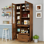 Walnut Kitchen Hutch Cabinet, Farmhouse Buffet Sideboard with Coffee Bar | Slide out tray, clear glass doors, open microwave counter, large bottom drawer, tall pantry cupboard, storage unit