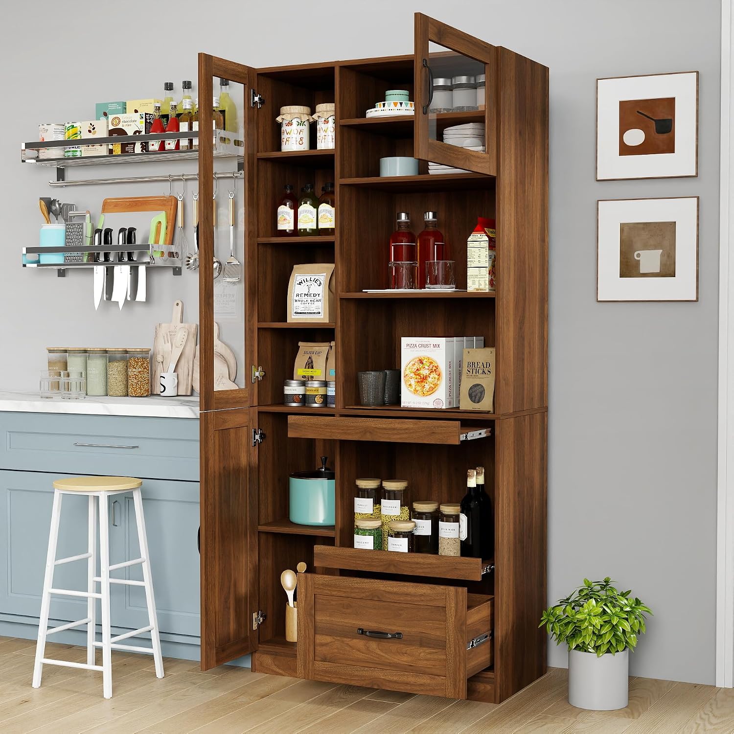 Walnut Kitchen Hutch Cabinet, Farmhouse Buffet Sideboard with Coffee Bar | Slide out tray, clear glass doors, open microwave counter, large bottom drawer, tall pantry cupboard, storage unit