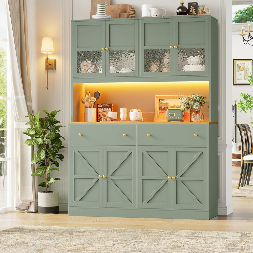 FINETONES 71" Pantry Cabinet with LED Light and Charging Station, Farmhouse Kitchen Pantry Cabinet with Microwave Stand, 47.2" Wide Kitchen Hutch Food Pantry with Open Countertop, Green