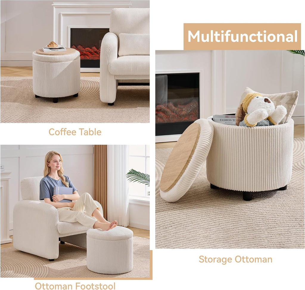 WUTUTUEE Corduroy Storage Ottoman with Flip-Top Tray, Modern Upholstered Ottoman Coffee Table, Dual Leg Options Ottoman Footrest for Living Room, Bedroom, Office, White