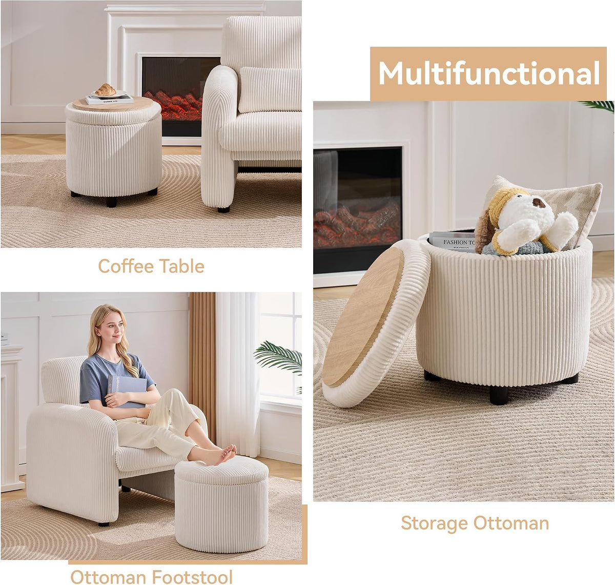 WUTUTUEE Corduroy Storage Ottoman with Flip-Top Tray, Modern Upholstered Ottoman Coffee Table, Dual Leg Options Ottoman Footrest for Living Room, Bedroom, Office, White