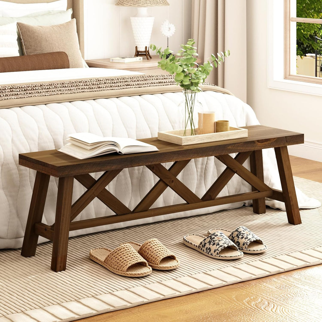 Wnutrees 54" Farmhouse Wood Bench, Rustic Solid Wood Entryway Bench Seat with Double X-Structure for Dining Area Living Room Hallway, Structural Stability, Natural