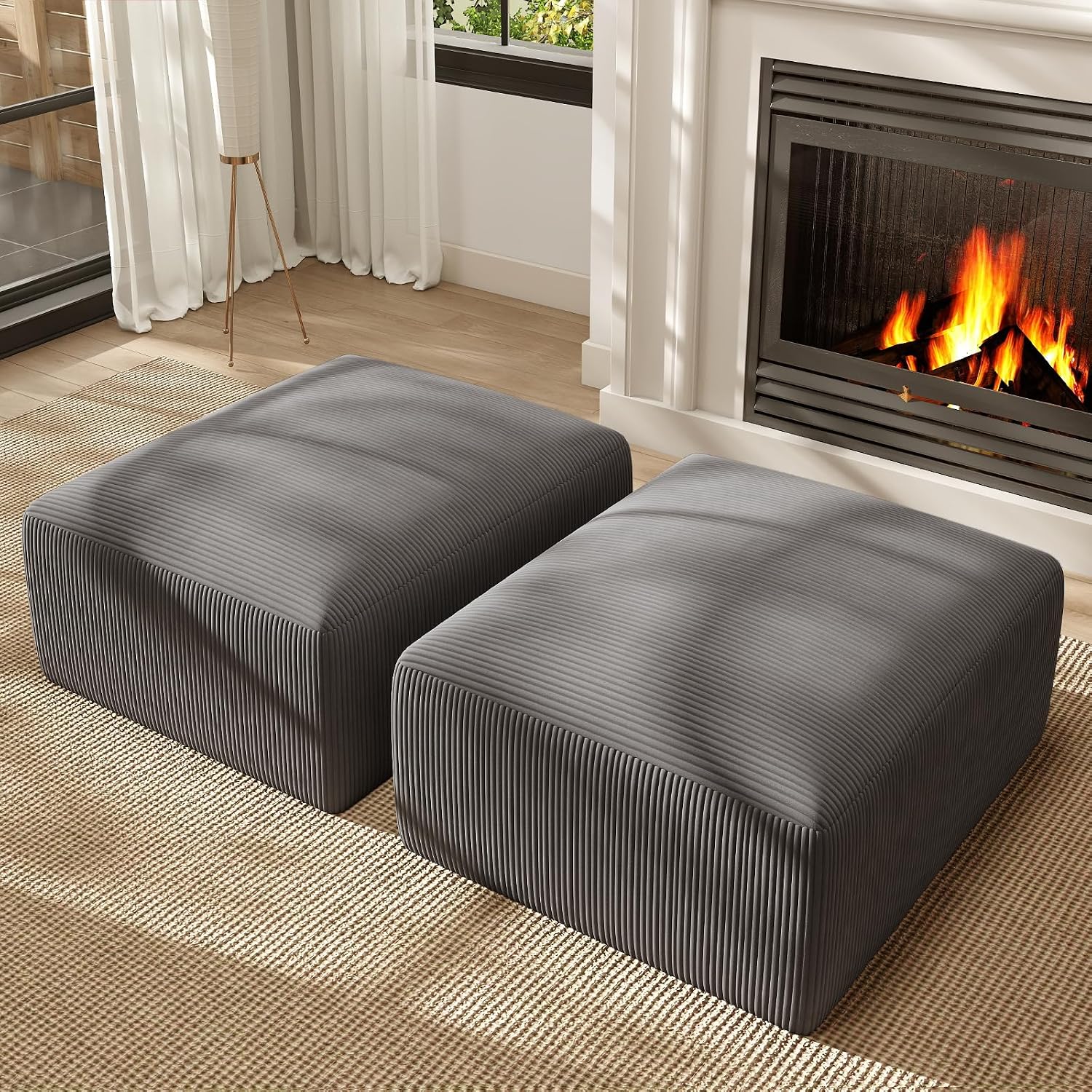 2 Square Cloud Footstool for Living Room, No Assembly Modular Corduroy Convertible Seat, Modern Style Sofa Accessory for Lounge or Bedroom