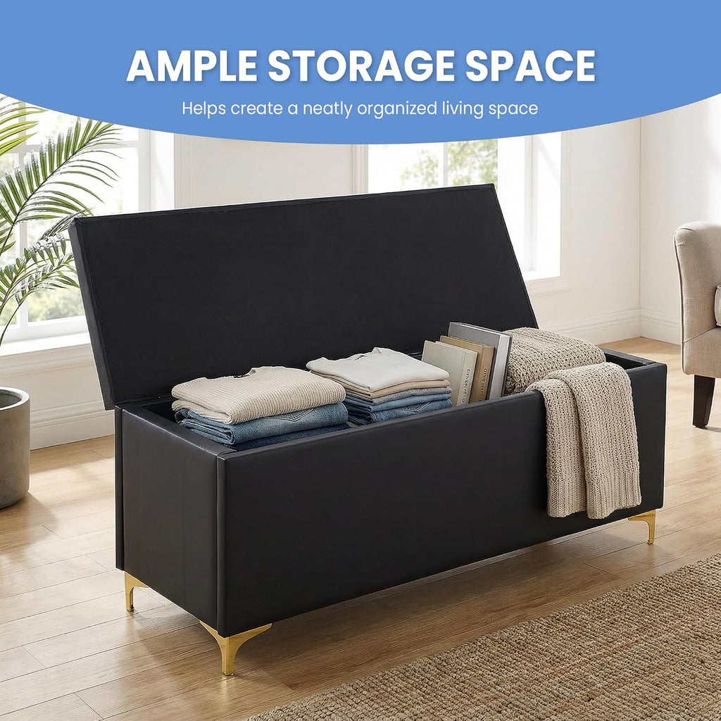 FHFO 52.9" Storage Ottoman Bench, End of Bed Storage Bench, Black | Faux Leather Upholstered | Large Capacity | Durable Fabric | Solid Wood Frame