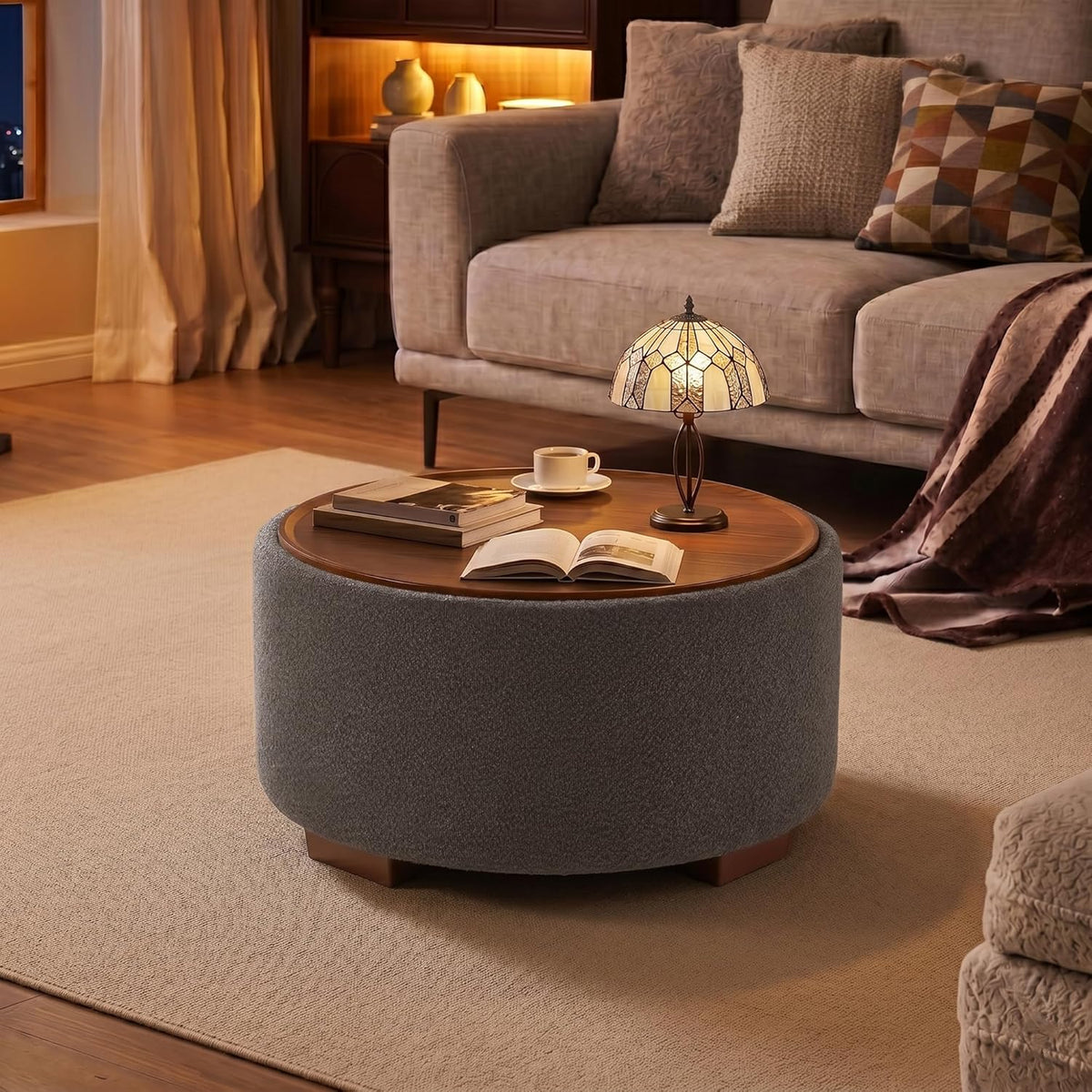 30 Inch Round Storage Ottoman Coffee Table, Modern Boucle Ottoman with Lift Off Lid for Living Room, Bedroom, Corners, Apartments, Gray