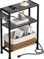 Small Narrow Side Table with Charging Station, Skinny End Table for Small Spaces, Slim Nightstand with Outlets, Sofa Bedside Table in Living Room, Bedroom, Study, Kitchen and Balcony(Grey)