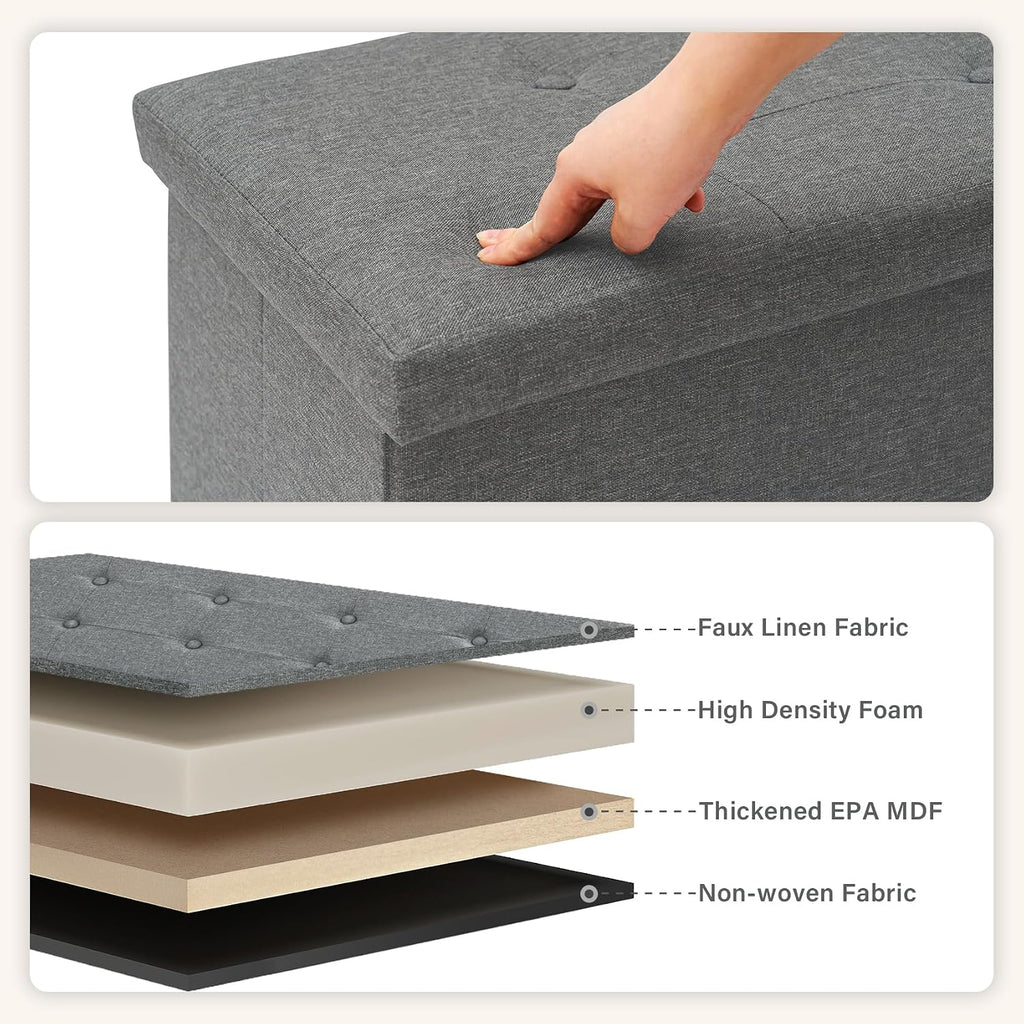 PINPLUS Folding Storage Ottoman Bench, Grey Linen | Linen Storage Chest with Padded Seat, Blanket Organizer, Footrest Stool and End of Bed Bench for Bedroom or Living Room