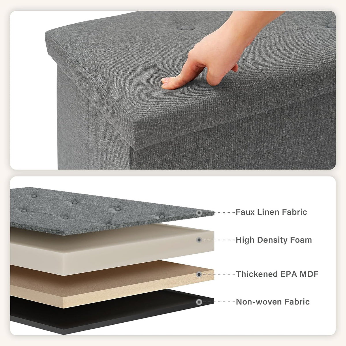 PINPLUS Folding Storage Ottoman Bench, Grey Linen | Linen Storage Chest with Padded Seat, Blanket Organizer, Footrest Stool and End of Bed Bench for Bedroom or Living Room