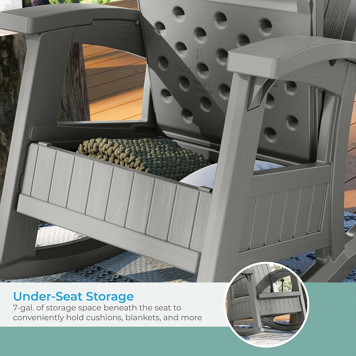 Suncast Outdoor Patio Rocking Chair with Under-Seat Storage, Stylish Faux Wood Outdoor Rocker for Patios, Dove Gray, Made in the USA