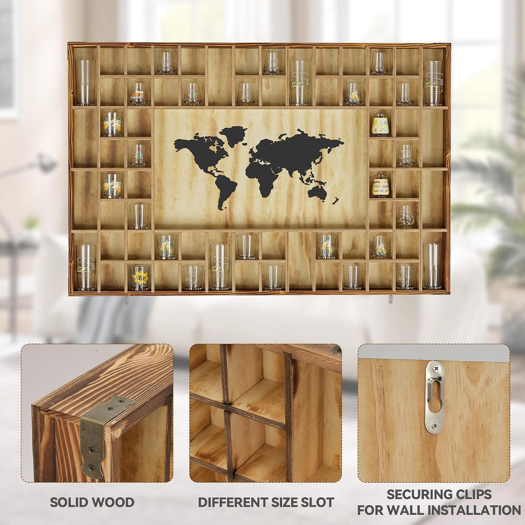 68 Large World Map Shot Glass Display Case Rustic Shot Glass Holder 37x 24.4in Brown Wood Shelf for 2 Different Sizes Glasses Shelf Wall Mount Storage Cabinet for Bar Home Kitchen