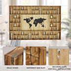 68 Large World Map Shot Glass Display Case Rustic Shot Glass Holder 37x 24.4in Brown Wood Shelf for 2 Different Sizes Glasses Shelf Wall Mount Storage Cabinet for Bar Home Kitchen