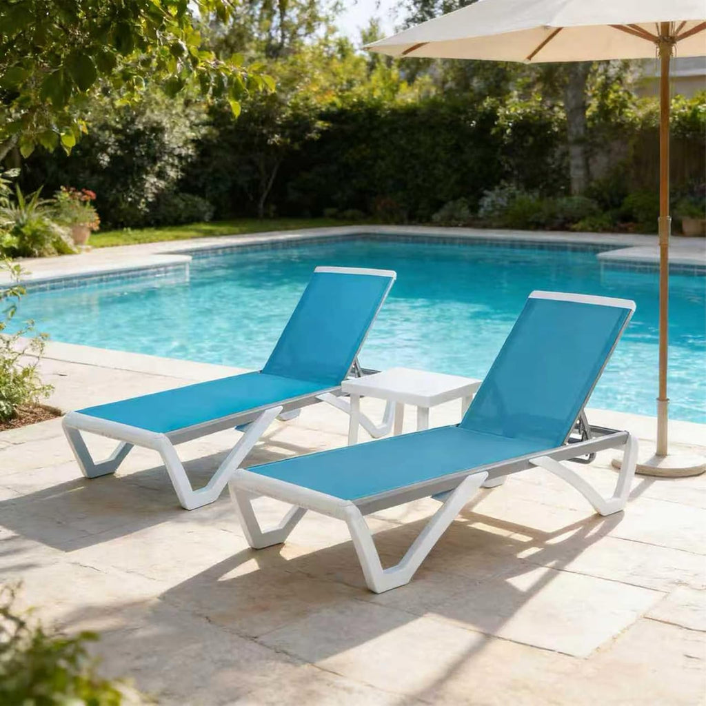 Kozyard Outdoor Chaise Lounge Chair, Full Flat Adjustable Patio Lounger with Aluminum Frame & Resin Legs, Textilene Fabric for Poolside, Backyard & Beach (Aqua, 2Chairs + Table)