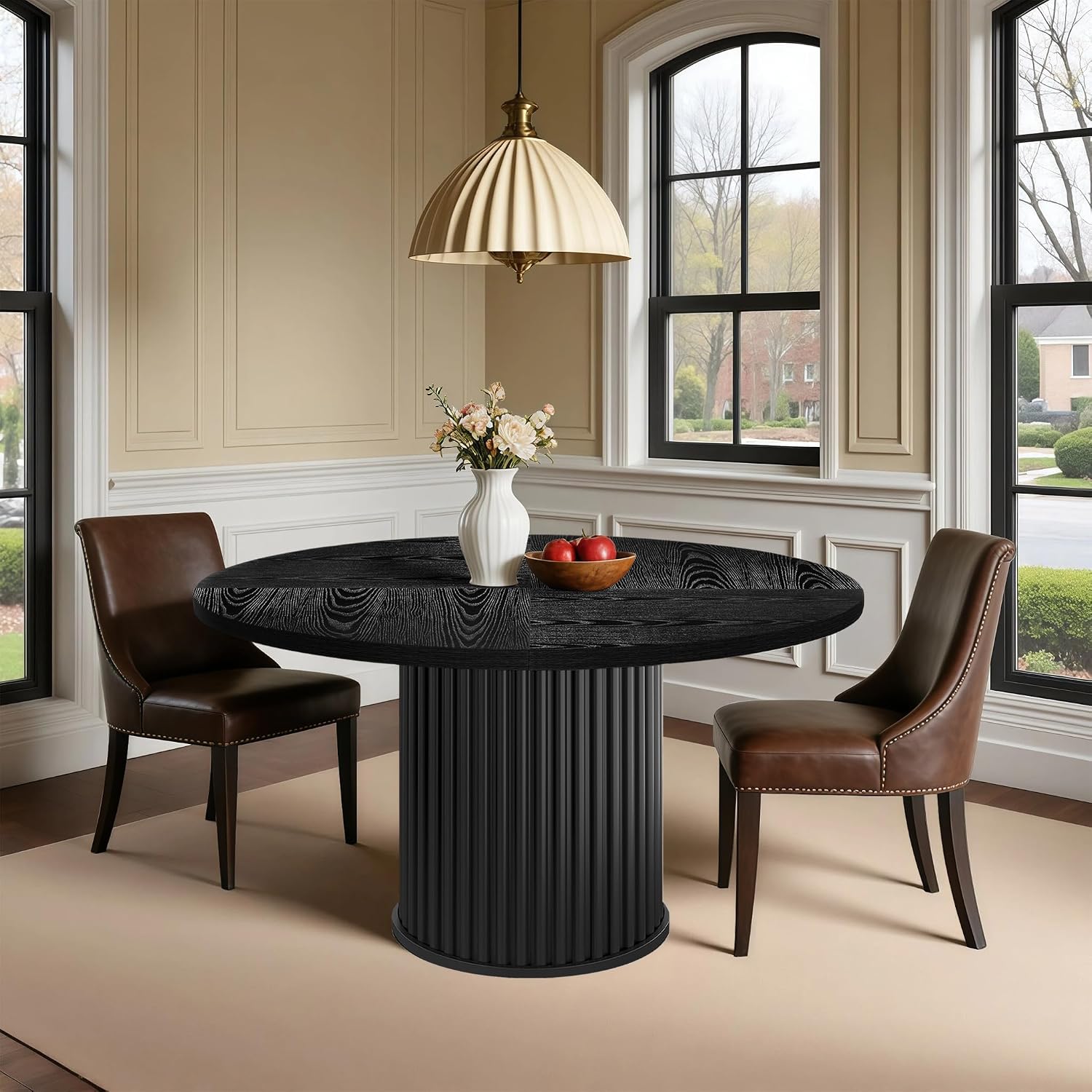 Oigavfd Black Round Dining Table for 4, 47" Circle Dining Table,with MDF Top and Fluted Base,Round Kitchen Tables,Sturdy 300 Lbs for Family Gatherings