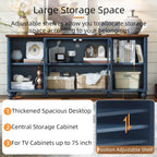 RWYHG Farmhouse TV Stand for 60 in TV, Entertainment Center for Living Room | Adjustable Shelves, Magnetic Glass Door, Sturdy Gourd Base, Wood Grain Top, High Capacity Storage Cabinet, Navy Blue
