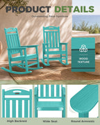 Oversized Outdoor Rocking Chair, High Back Porch Rocker Chair, HDPE All Weather Resistant Rocking Chairs for Patio, 380lbs Weight Capacity, Lake Blue