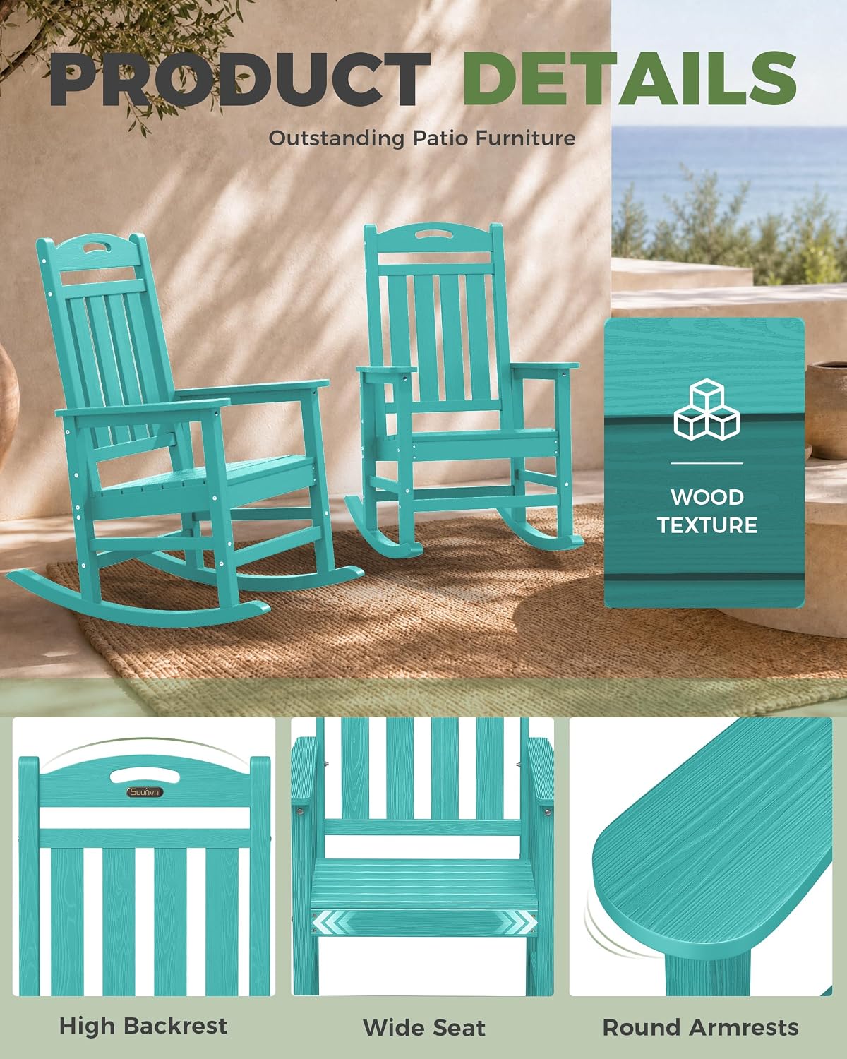 Oversized Outdoor Rocking Chair, High Back Porch Rocker Chair, HDPE All Weather Resistant Rocking Chairs for Patio, 380lbs Weight Capacity, Lake Blue