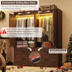 Farmhouse 2 Doors Armoire Wardrobe Closet w/ Folding Sliding Barn Door and Lights, LED Armoire Closet w/Drawers for Bedroom, Freestanding Wooden Wardrobe Storage Closet w/Hanging Rod,Rustic Brown
