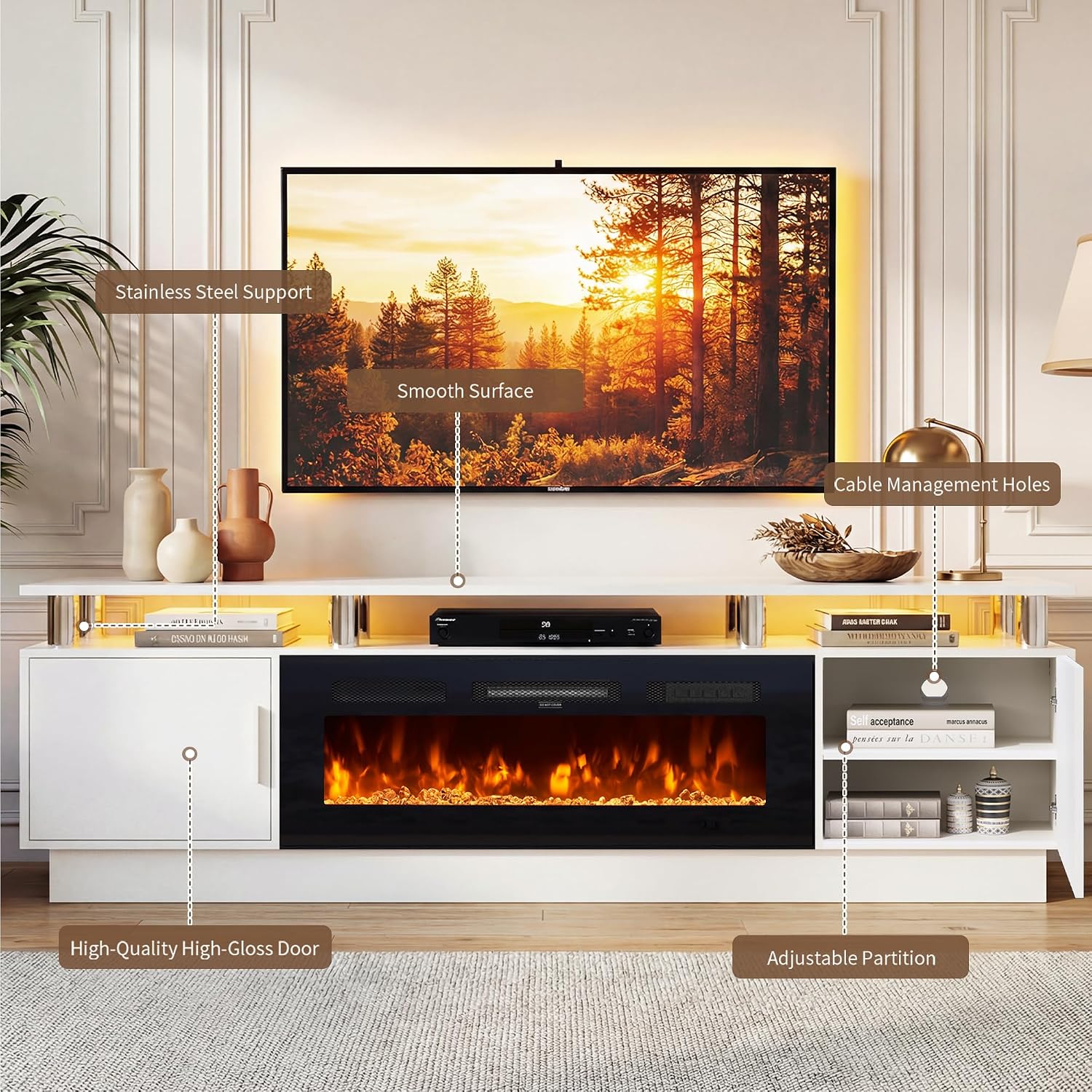 70" Fireplace TV Stand for TVs UP to 80", Electric Fireplace Entertainment Center with LED Lights & Storage Cabinets, TV Console for Living Room, Office, White-Black
