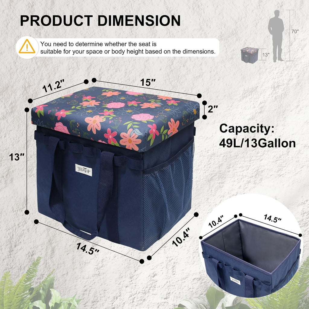 49L Floral Foldable Storage Ottoman 220lb Heavy Duty Sitting Stool | 2-in-1 Seating footrest, Thick floral padded seat, Mesh side pockets, Padded handles, For home camping picnic