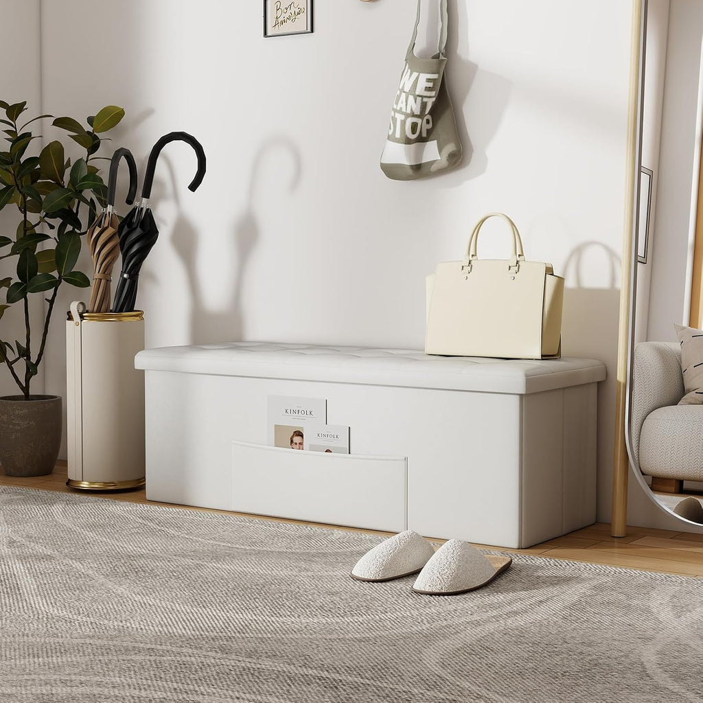 43 Inches Folding Storage Ottoman Bench, Foldable Foot Rest Stool End of Bed Bench with Side Pocket, Storage Chest for Living Room, Entryway & Bedroom (White)