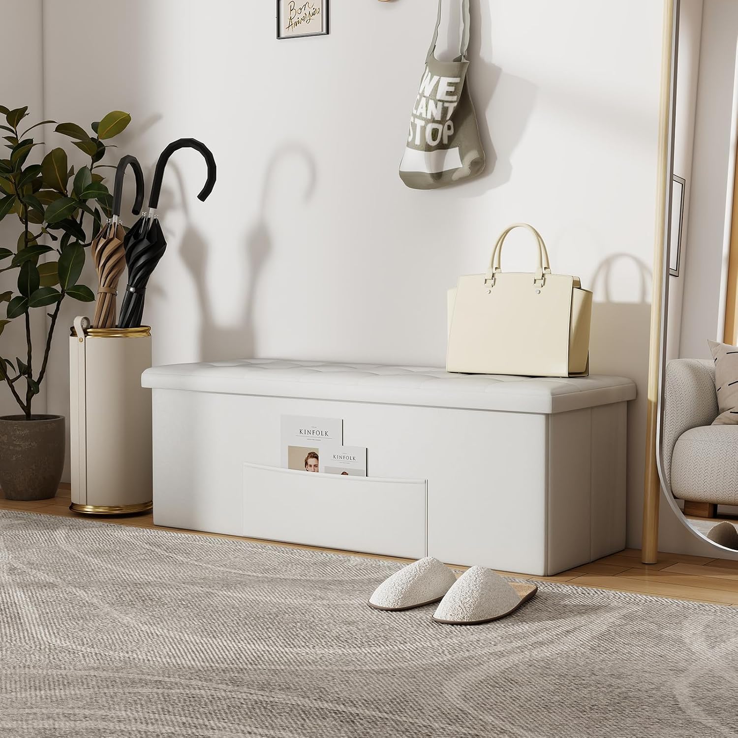 43 Inches Folding Storage Ottoman Bench, Foldable Foot Rest Stool End of Bed Bench with Side Pocket, Storage Chest for Living Room, Entryway & Bedroom (White)