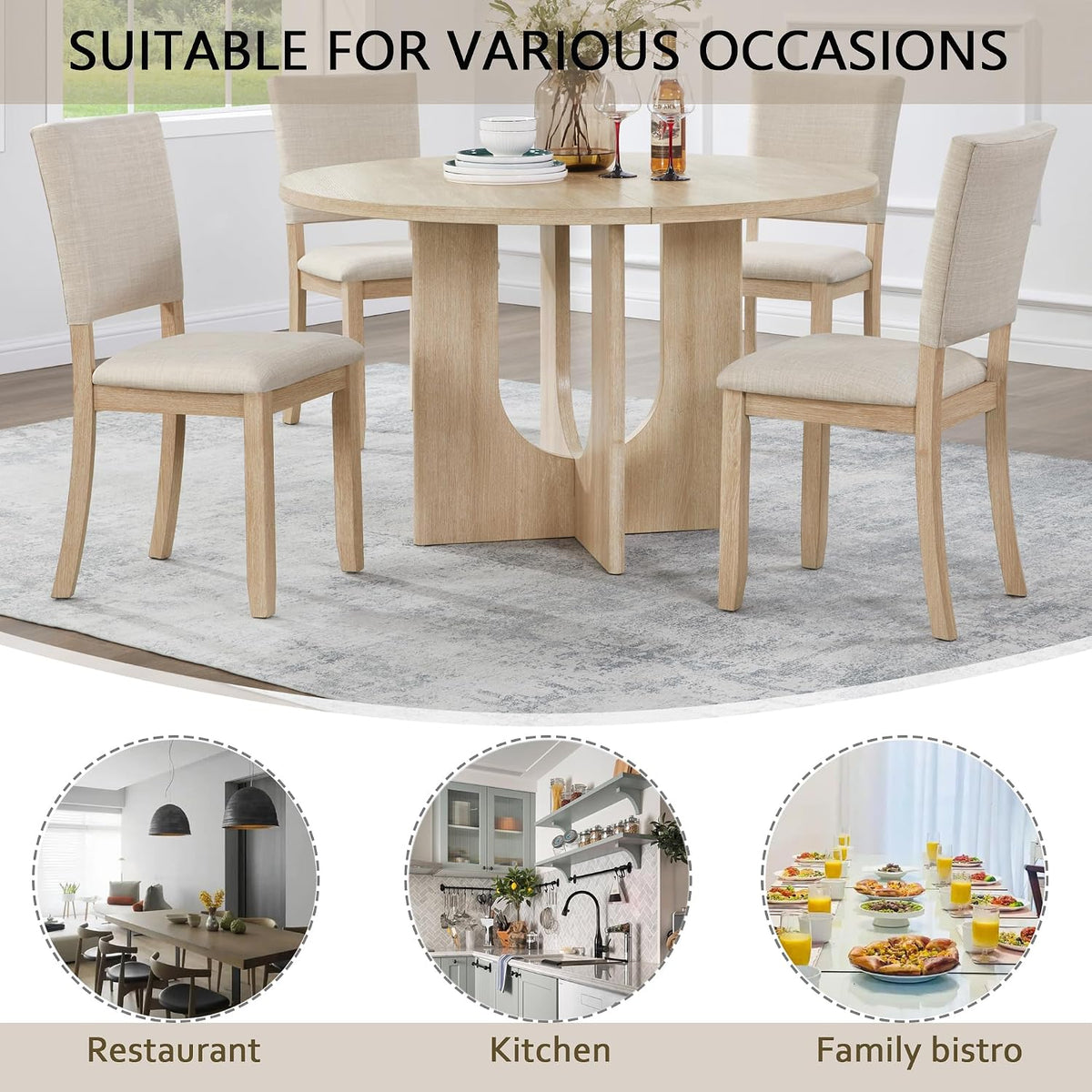 JIJIWANG 47.3" 5-Piece Round Dining Table Set with 4 Upholstered Dining Chairs, Modern Round Dining Table Set for 4 for Living Room Kitchen Light Oak & Beige