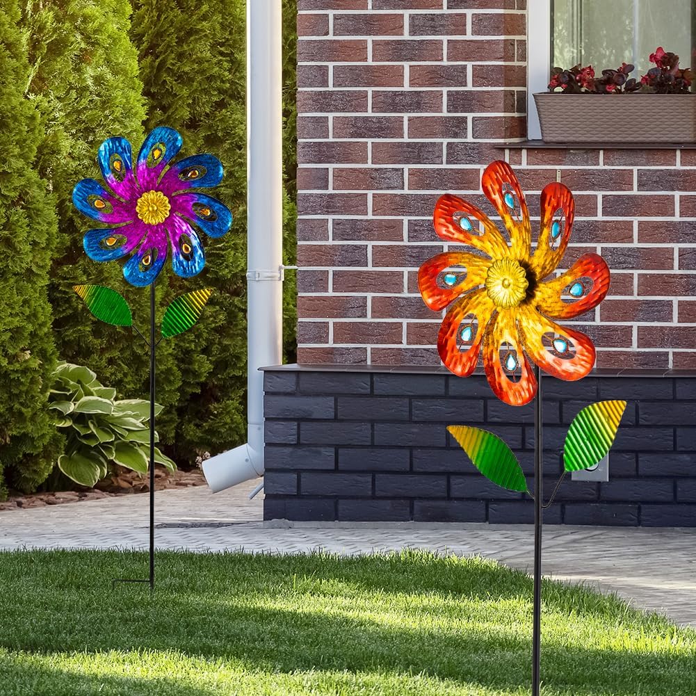 2 Packs Wind Spinners Outdoor, Metal Wind Sculptures & Spinners with Stake, Colorful Flower Windmill for Yard Patio Lawn Garden Decor, 36 x 9 Inches
