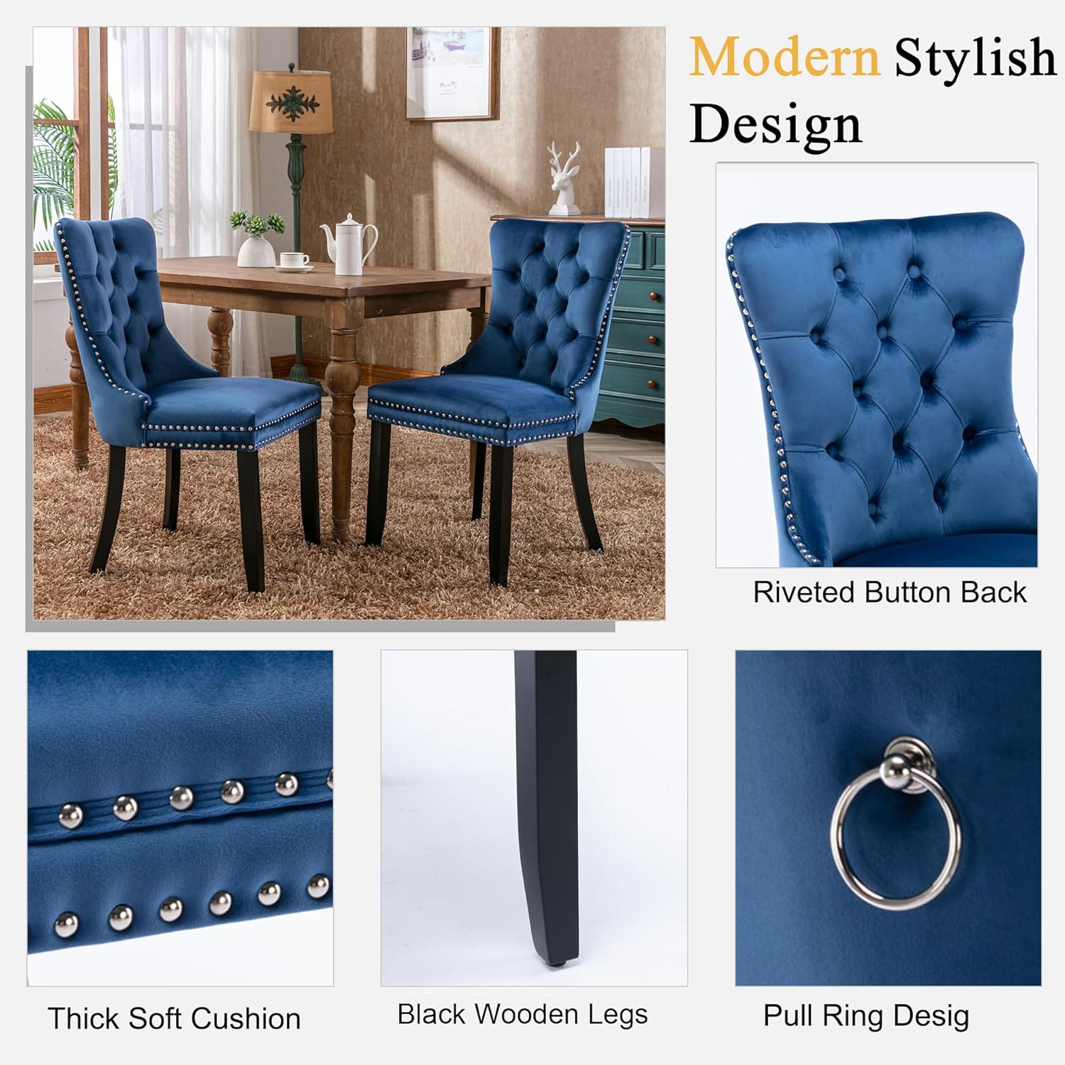 Round Extendable Dining Table Set for 6, 43"-59" Rustic Grey Expandable Kitchen Table with 6 Blue Velvet Tufted Chairs, Farmhouse Wooden Extendable Dining Room Table Set for Small Space Apartment