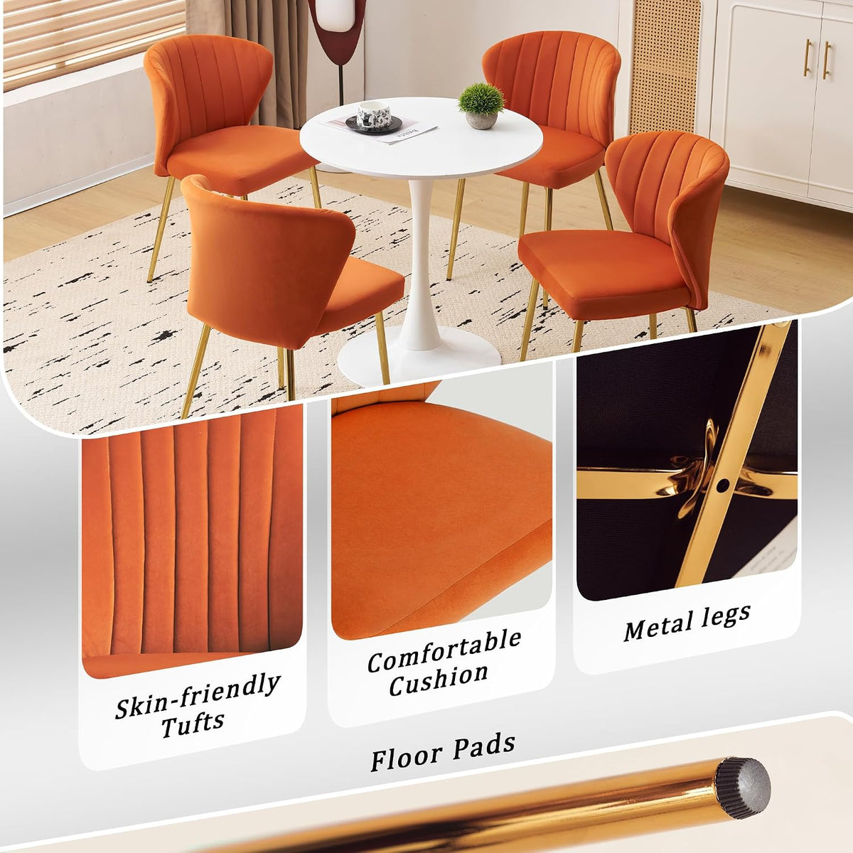 Velvet Dining Chairs Set of 2, Modern Upholstered Vanity Chairs with Golden Metal Legs for Dining Room Kitchen Vanity Patio (Orange)