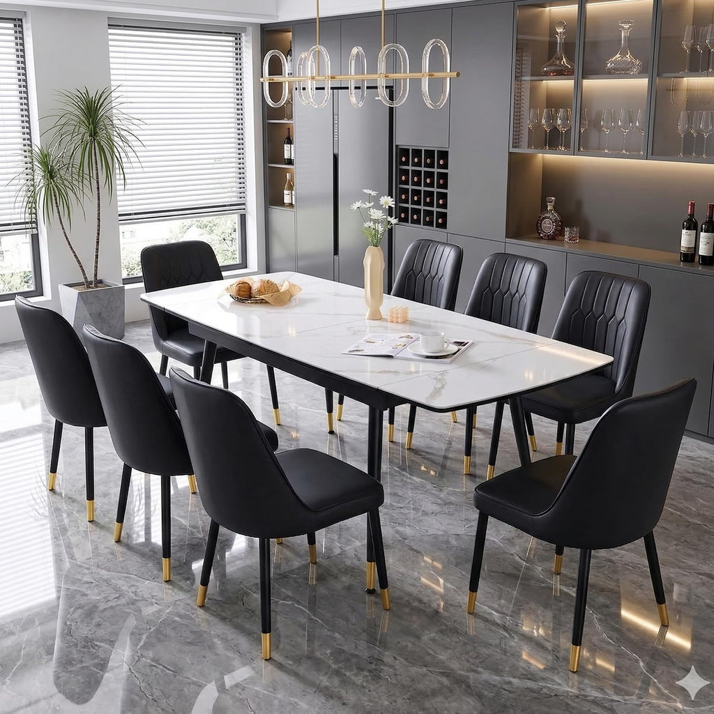 Extendable Dining Table Set for 8, 55"–79" Rectangular Dining Table with White Sintered Stone Top and 8 PU Leather Chairs, Modern Kitchen & Dining Room Table for Family Gatherings, Built to Last