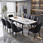 Extendable Dining Table Set for 8, 55"–79" Rectangular Dining Table with White Sintered Stone Top and 8 PU Leather Chairs, Modern Kitchen & Dining Room Table for Family Gatherings, Built to Last