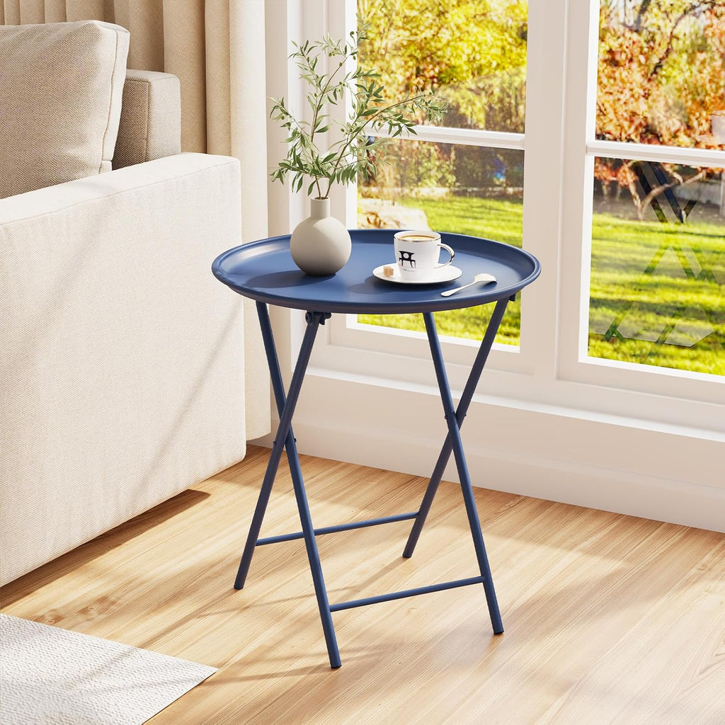 Garden 4 you Folding TV Tray Table, Metal Round Side Table, Blue Dinner Table with Metal Frame, Modern Outdoor Tray Table for Living Room, Bedroom, Patio & Small Spaces, 2 Packs