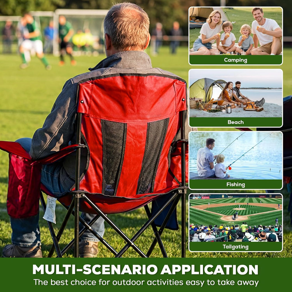 Heavy Duty Camping Chair 2-Pack, 400 LBS Capacity Folding Outdoor Chair with Cooler Bag, Oversized Portable Chair with Mesh Back & Cup Holder for Camping, Fishing, Tailgating (Red)