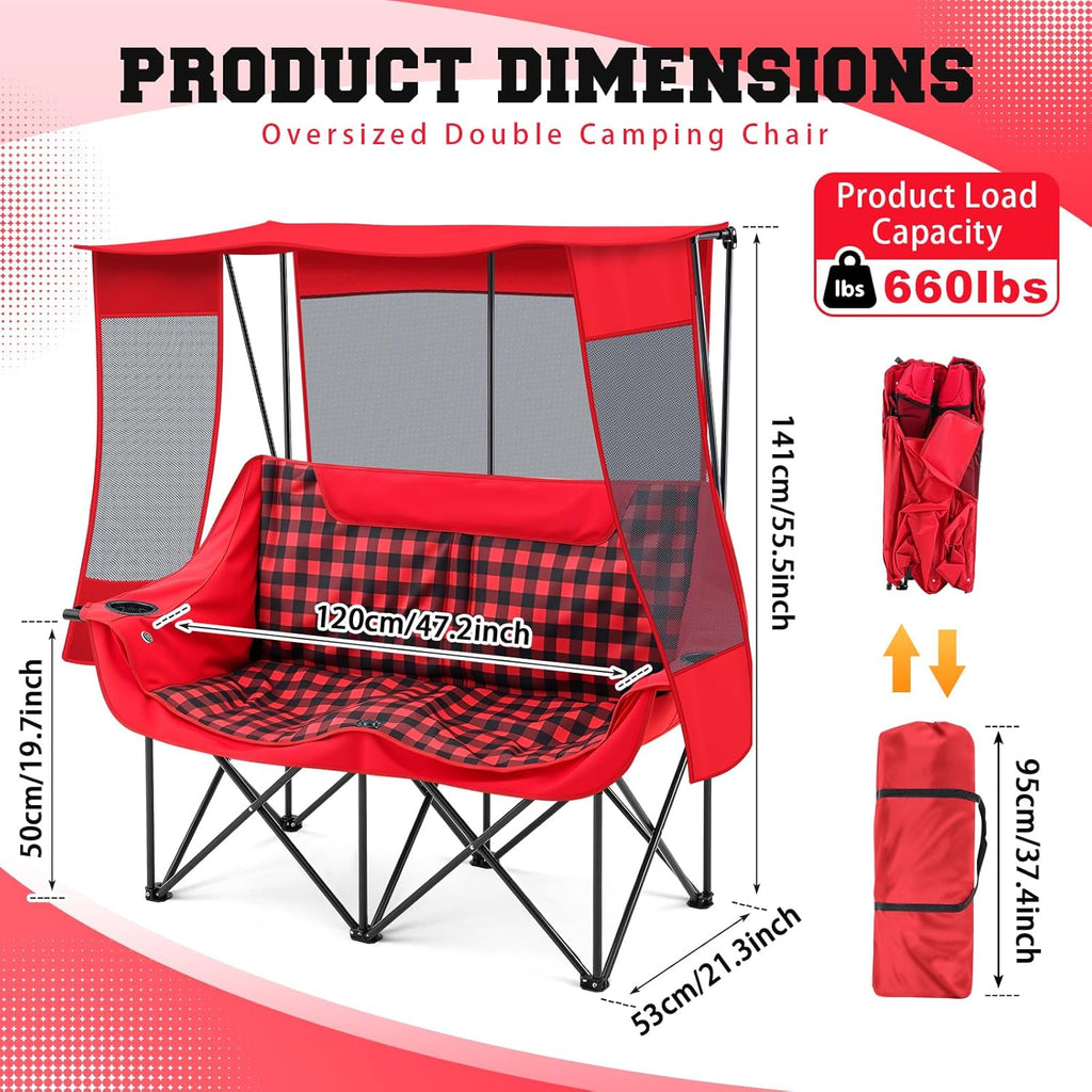 Teenyyou Double Camping Chair with Canopy - 2 Person Beach Chair with UV Sun Protection 660lbs Heavy Duty Foldable Loveseat with 2 Cup Holder & Storage Bag for Lawn Beach Outdoor Sport(Red Plaid)