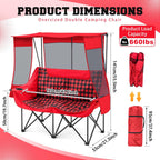 Teenyyou Double Camping Chair with Canopy - 2 Person Beach Chair with UV Sun Protection 660lbs Heavy Duty Foldable Loveseat with 2 Cup Holder & Storage Bag for Lawn Beach Outdoor Sport(Red Plaid)