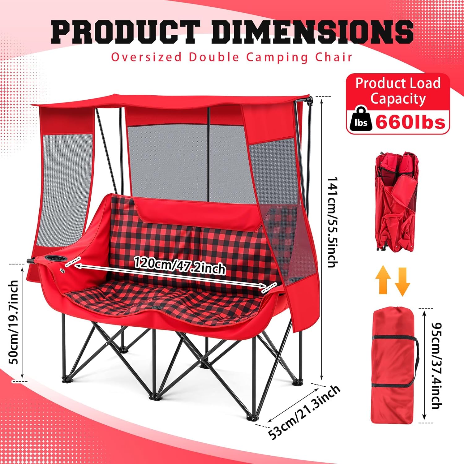 Teenyyou Double Camping Chair with Canopy - 2 Person Beach Chair with UV Sun Protection 660lbs Heavy Duty Foldable Loveseat with 2 Cup Holder & Storage Bag for Lawn Beach Outdoor Sport(Red Plaid)