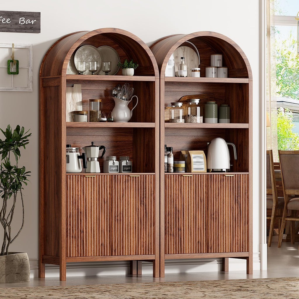 Ieejdn 71" Tall Arched Kitchen Pantry,Modern Fluted Wood Storage Cabinet with Doors,Adjustable Shelves,Organizer, Versatile Cupboard for Kitchen,Living Room,Dining Room,Bathroom,Walnut3