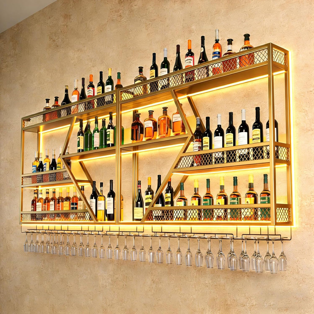 Wall Mounted Wine Rack, 71 Inch, 3-Tier Metal Bottle Shelf with Wine Glass Holder and LED Lights, Industrial Style for Home Bar, Restaurant (Gold, 71in)