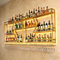 Wall Mounted Wine Rack, 71 Inch, 3-Tier Metal Bottle Shelf with Wine Glass Holder and LED Lights, Industrial Style for Home Bar, Restaurant (Gold, 71in)