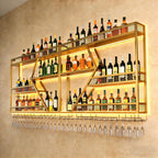 Wall Mounted Wine Rack, 71 Inch, 3-Tier Metal Bottle Shelf with Wine Glass Holder and LED Lights, Industrial Style for Home Bar, Restaurant (Gold, 71in)