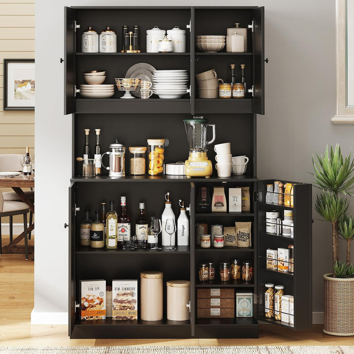 ONBRILL 71" Tall Kitchen Pantry Storage Cabinet, Kitchen Hutch, Black | Modern Food Pantry with Microwave Stand & Door Shelf, Freestanding pantry with 6 Door & Adjustable Shelves for Dining Room