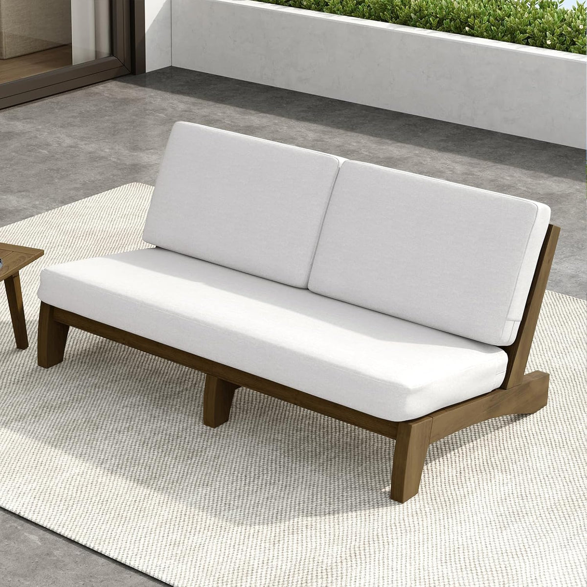 Outdoor Furniture Patio Couch, Weather Resistant 3-Seater Patio Sofa with Removable Cushion, Teak Wood Frame for Porch & Backyard Seating - Beige